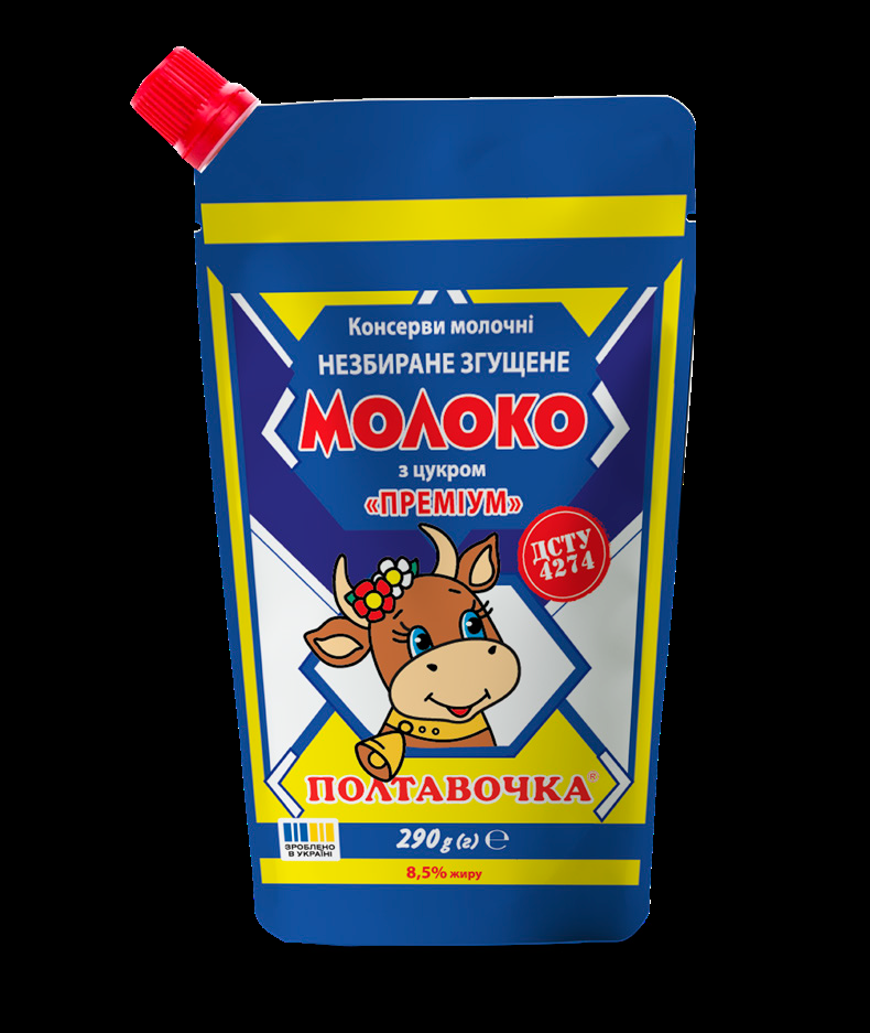 Молоко незбиране згущене з цукром ТМ "Полтавочка" Преміум 8,5% 290г/20 дой-пак